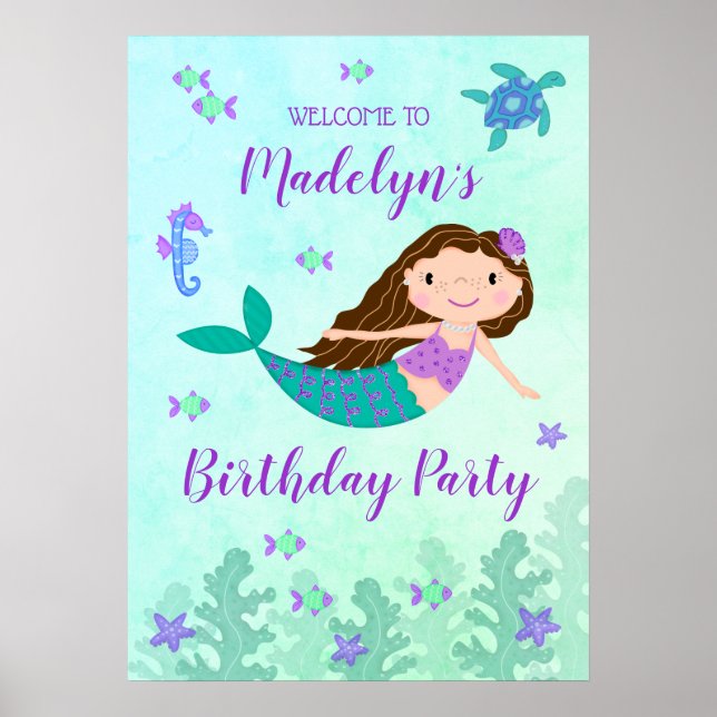 Purple Mermaid Under The Sea Birthday Poster (Front)