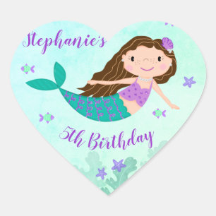 Purple Mermaid Under The Sea Personalised Birthday Heart Sticker