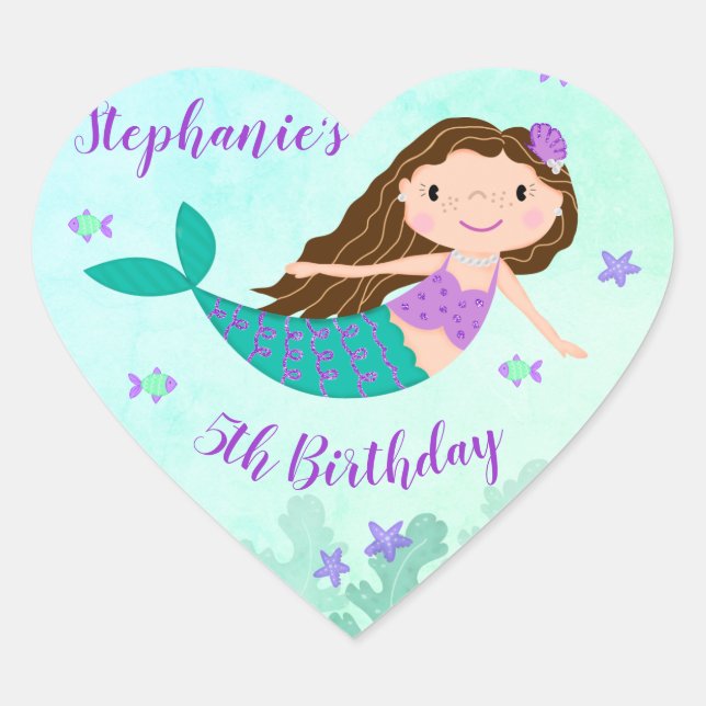 Purple Mermaid Under The Sea Personalised Birthday Heart Sticker (Front)
