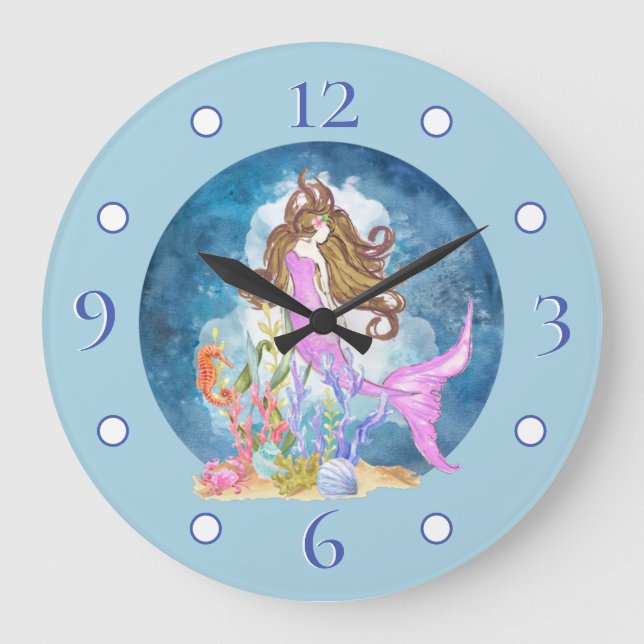 Purple Mermaid Watercolor Large Acrylic Wall Clock (Front)