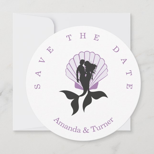 Purple Mermaids Couple on a Seashell Design Save The Date (Front)