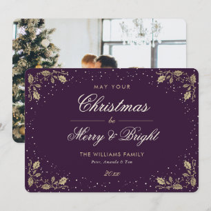 Purple Merry and Bright Snow Holly Photo Christmas Holiday Card