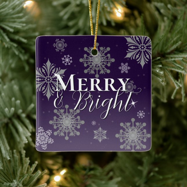Purple Merry and Bright Snowflakes Christmas Ceramic Ornament (Tree)