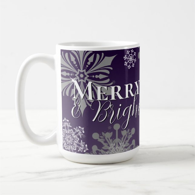 Purple Merry and Bright Snowflakes Christmas Coffee Mug (Left)