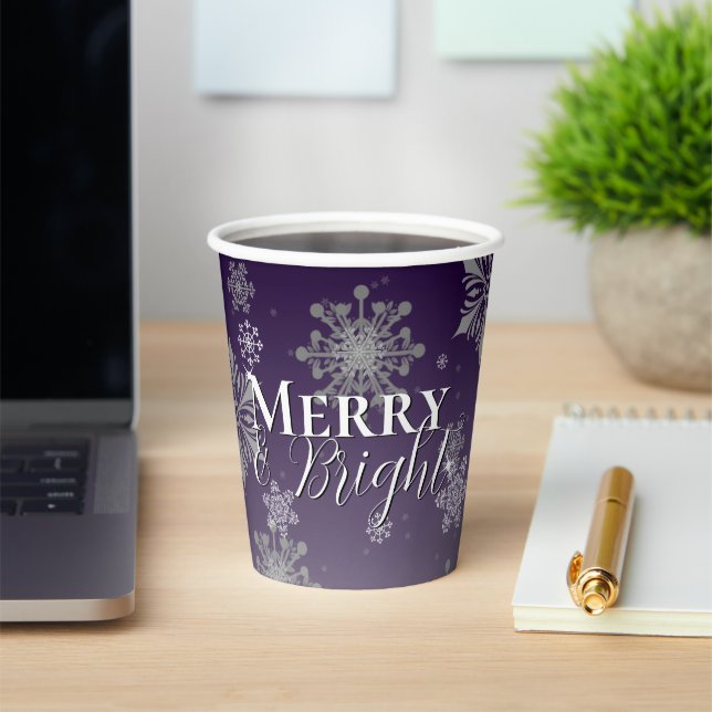 Purple Merry and Bright Snowflakes Christmas Paper Cups (Insitu)