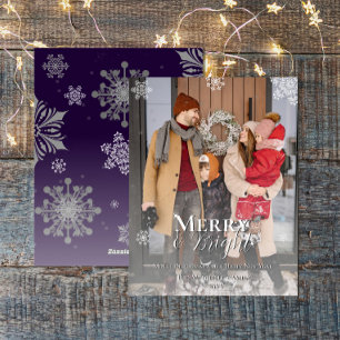 Purple Merry and Bright Snowflakes Christmas Photo Holiday Card