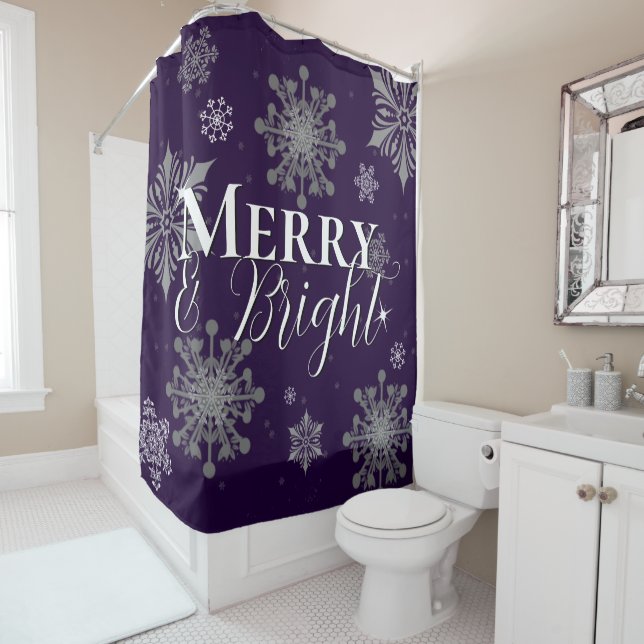 Purple Merry and Bright Snowflakes Christmas Shower Curtain (In Situ)