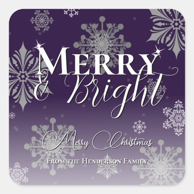 Purple Merry and Bright Snowflakes Christmas Square Sticker (Front)