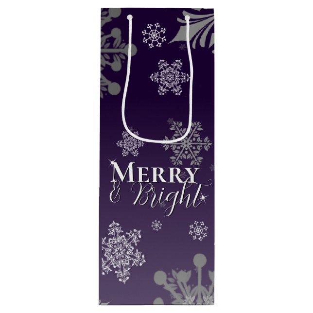 Purple Merry and Bright Snowflakes Christmas Wine Gift Bag (Front)