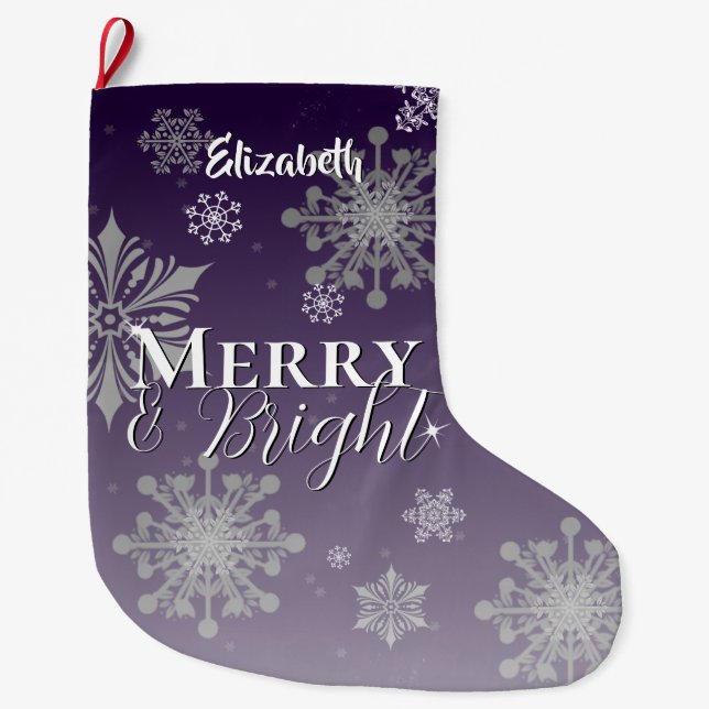 Purple Merry and Bright Snowflakes Large Christmas Stocking (Front)