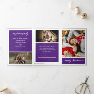 Purple Merry Christmas 5-Photo Family Letter Tri-Fold Holiday Card