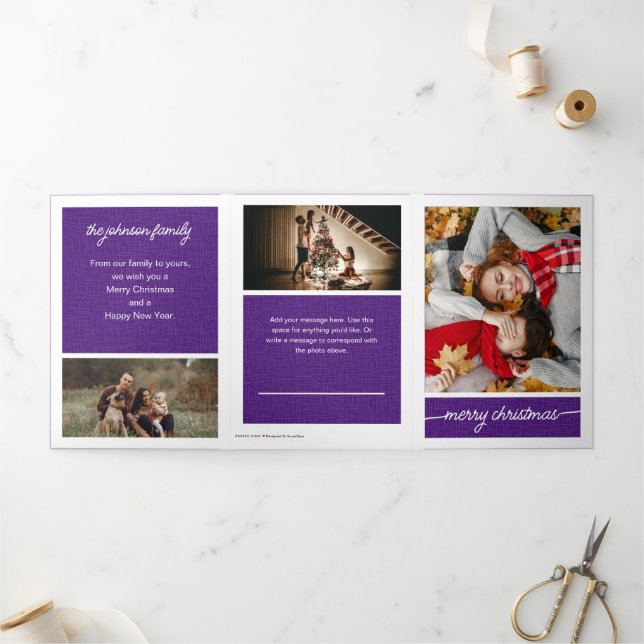 Purple Merry Christmas 5-Photo Family Letter Tri-Fold Holiday Card (Outside)