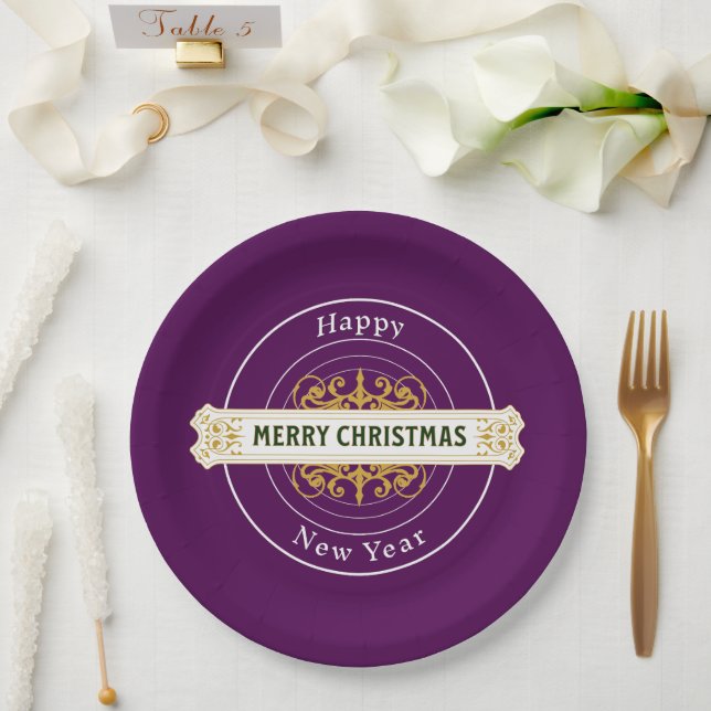 Purple Merry Christmas, Happy New Year Paper Plate (Wedding)