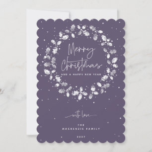 Purple Merry Christmas Holly Wreath Holiday Card