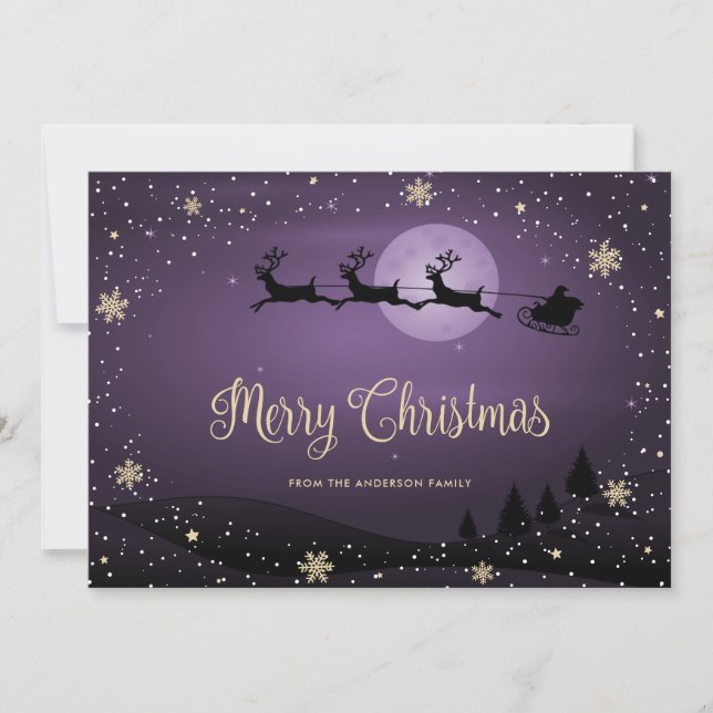 Purple Merry Christmas Snow Santa Snowflakes  Holiday Card (Front)