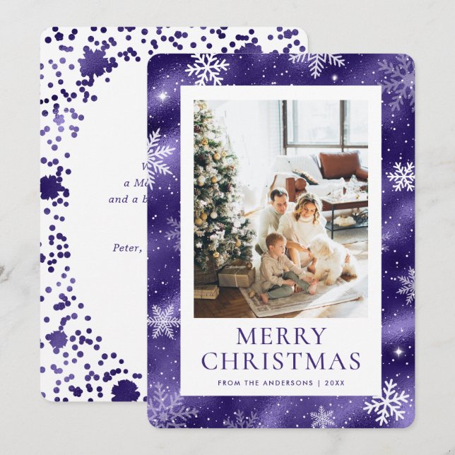 Purple Merry Christmas Snowflake Snow Photo Holiday Card (Front/Back)