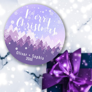 Purple Merry Christmas Snowy Forest  Classic Round Sticker