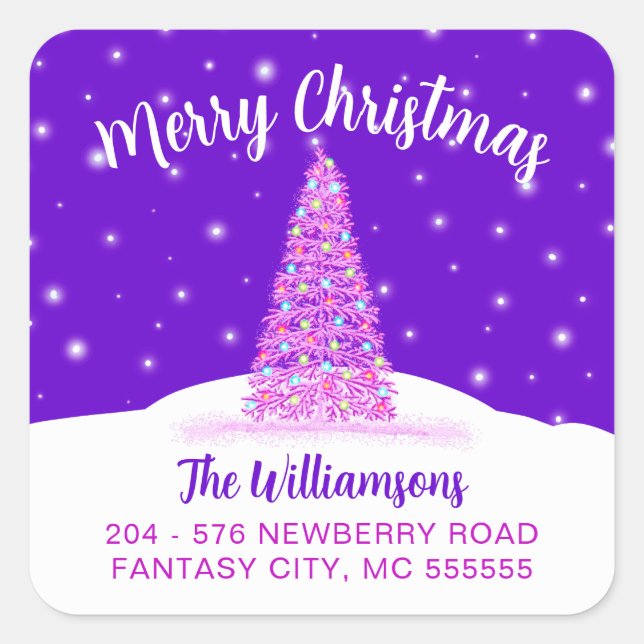 Purple Merry Christmas Tree Return Address Label (Front)