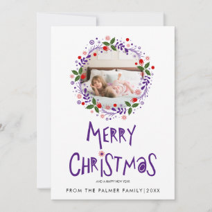 Purple Merry Christmas typography and wreath photo Holiday Card