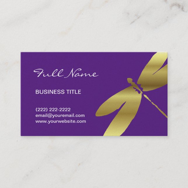 Purple & Metallic Gold Dragonfly Business Cards (Front)