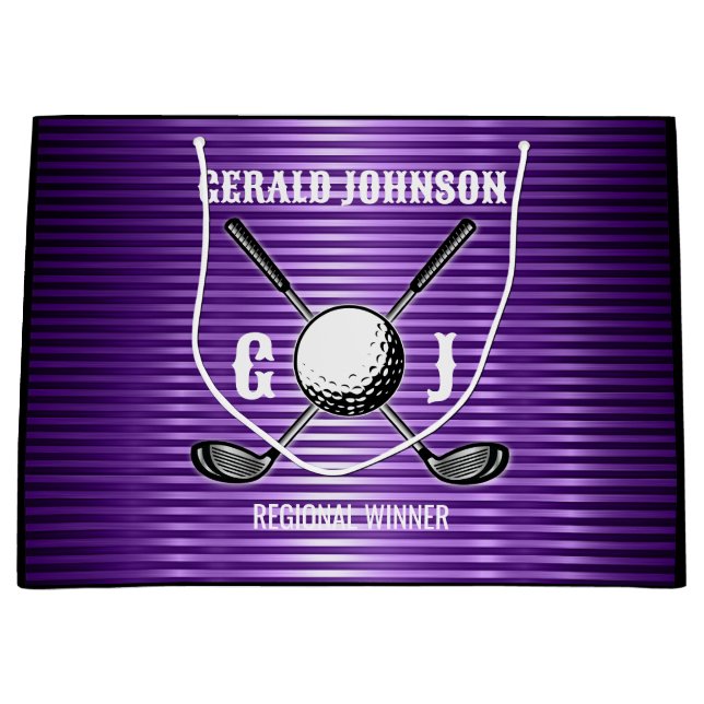 Purple Metallic Lines Golf Monogram Design Large Gift Bag (Front)