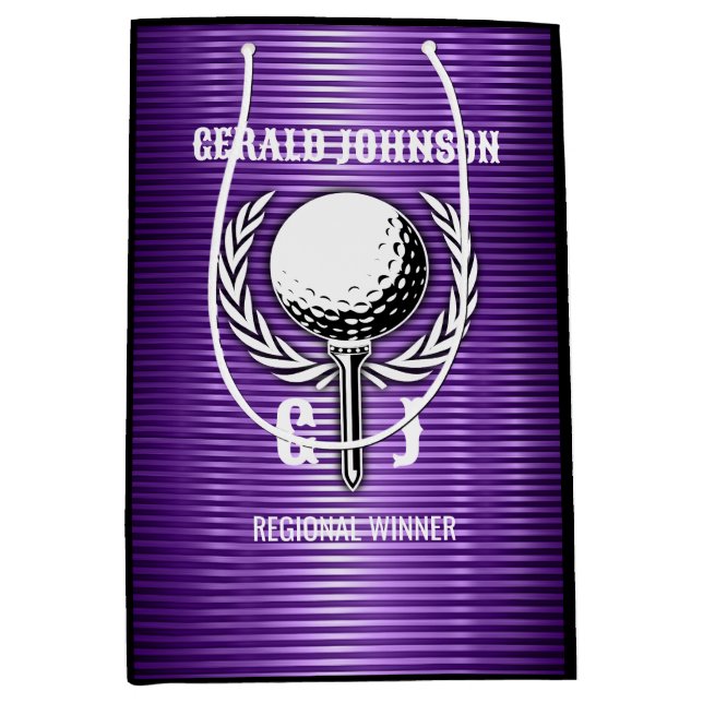 Purple Metallic Lines Golf Monogram Design Medium Gift Bag (Front)