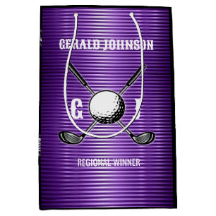 Purple Metallic Lines Golf Monogram Design Medium Gift Bag