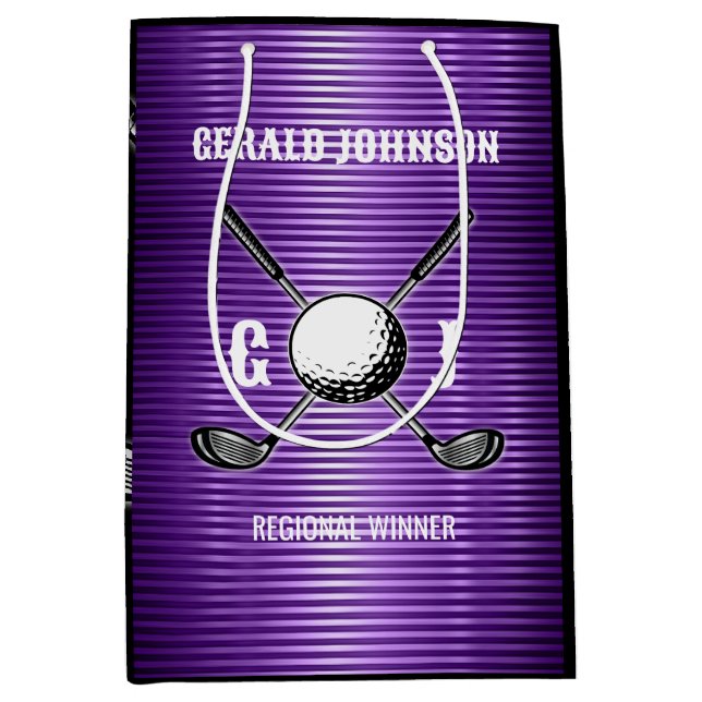 Purple Metallic Lines Golf Monogram Design Medium Gift Bag (Front)