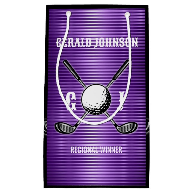 Purple Metallic Lines Golf Monogram Design Small Gift Bag (Front)