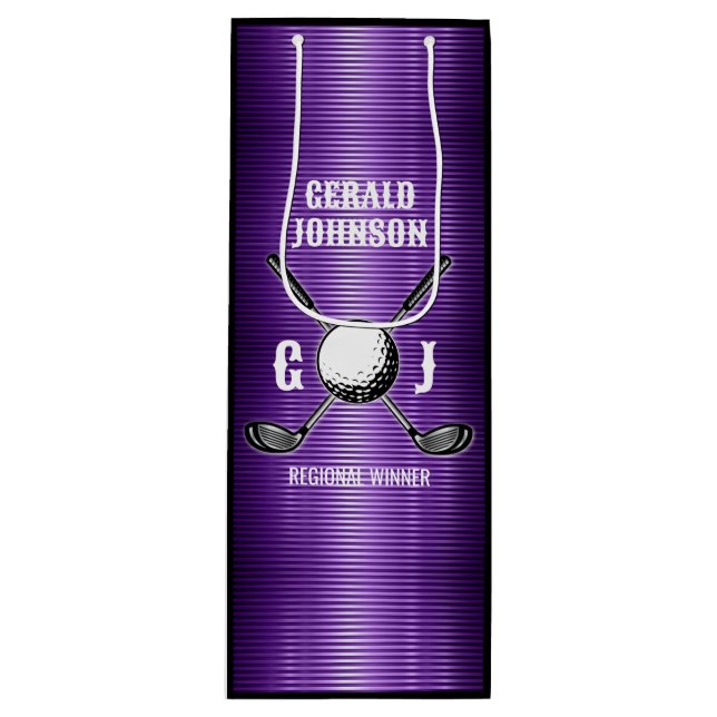 Purple Metallic Lines Golf Monogram Design Wine Gift Bag (Front)