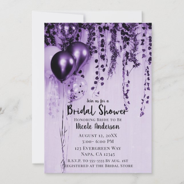 Purple Metallic Party Balloons Ivy Bridal Shower Invitation (Front)