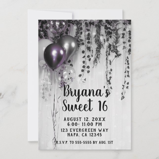 Purple Metallic Party Balloons Ivy White Sweet 16 Invitation (Front)