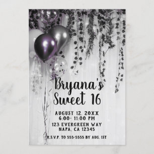 Purple Metallic Party Balloons Ivy White Sweet 16 Invitation