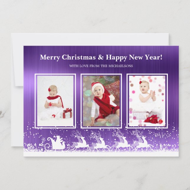 Purple Metallic Sleigh Snow Photo Christmas Holiday Card (Front)