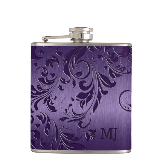 Purple Metallic Texture & Floral Lace Hip Flask (Front)