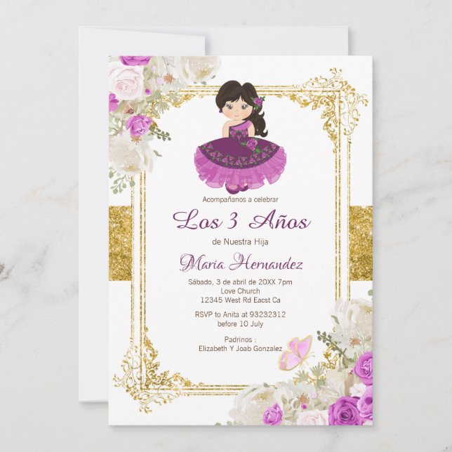 Purple Mexican Dress Third Birthday 1 Invitacion Invitation (Front)