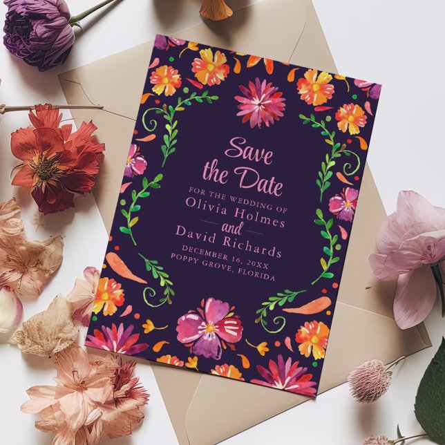 Purple Mexican Floral Fiesta Save the Date Invitation (Purple Mexican Floral Fiesta Save the Date Invitation on a white table with colorful flowers.)