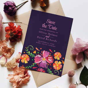 Purple Mexican Vibrant Floral Fiesta Save the Date Invitation