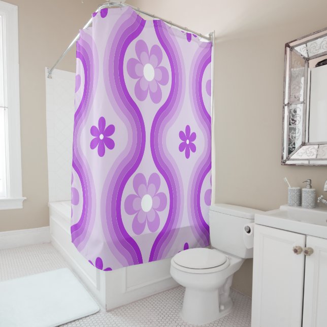 Purple Mid Century Modern Floral Rainbow Abstract  Shower Curtain (In Situ)
