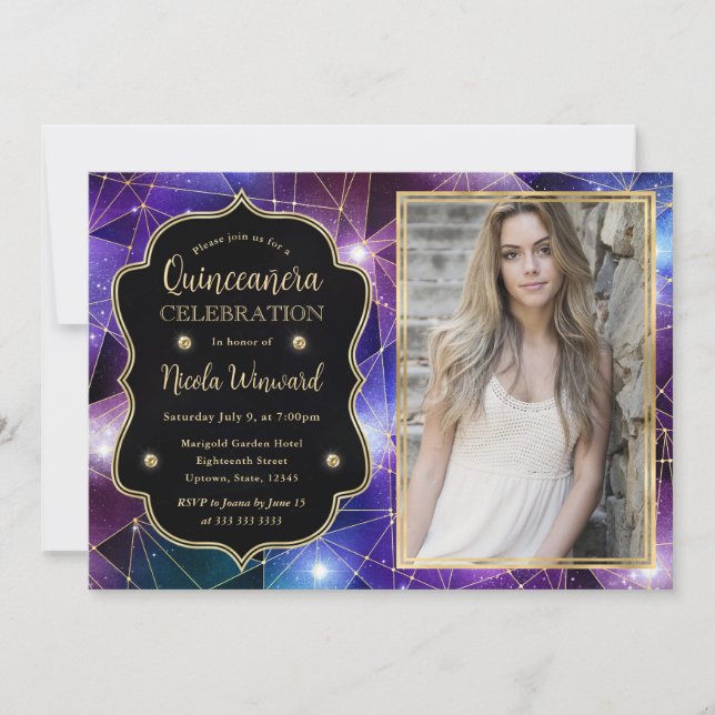 Purple Midnight Crystal Galaxy Quinceanera photo Invitation (Front)