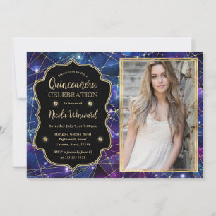 Purple Midnight Crystal Galaxy Quinceanera photo Invitation