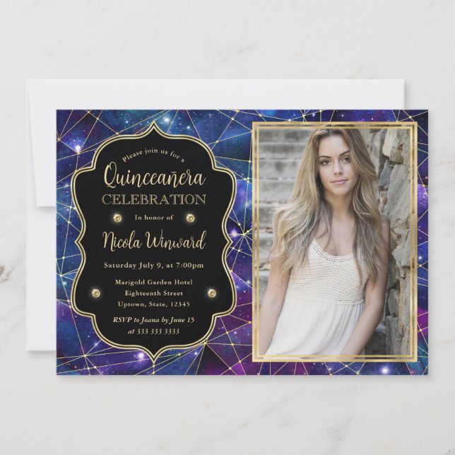 Purple Midnight Crystal Galaxy Quinceanera photo Invitation (Front)