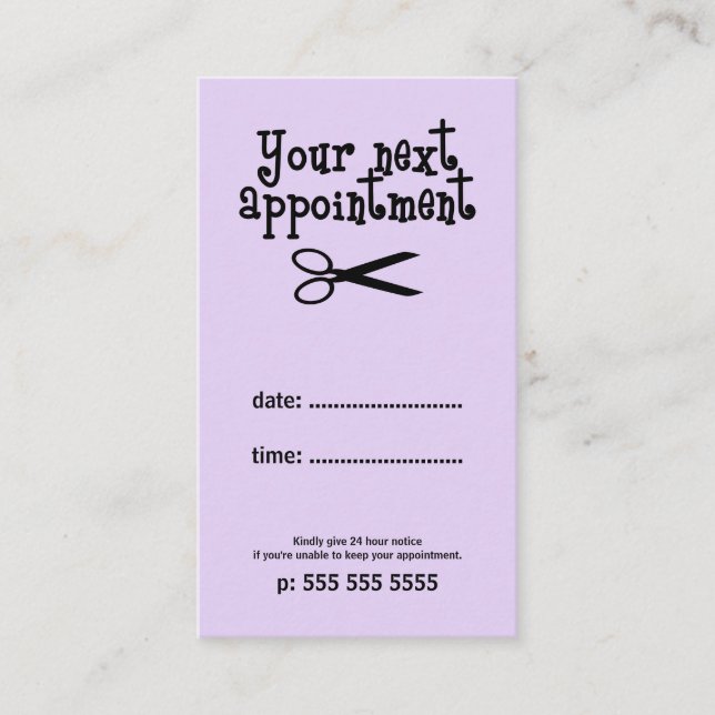 Purple Minimal Hair Stylist Scissors Appointment Card (Front)