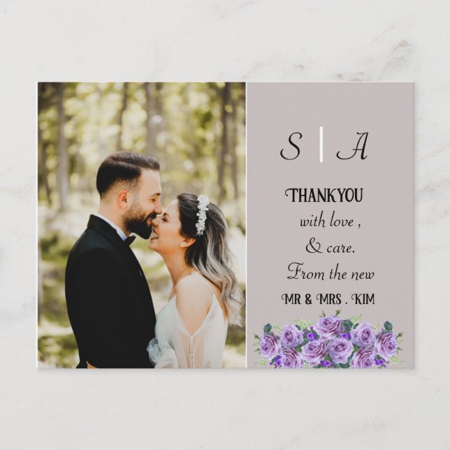 purple minimal Soft Grey and Black Photo Thank You Postcard (Front)