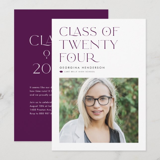 Purple Minimalist Class of 2024 Photo Graduation Announcement (Front/Back)
