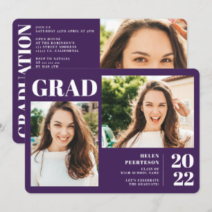 Purple minimalist modern 3 photos graduation invitation