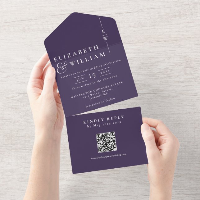 Purple Minimalist Monogram QR Code Wedding All In One Invitation (Tearaway)