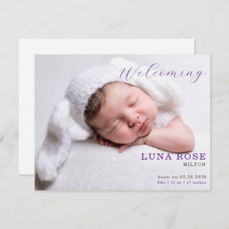 Purple Minimalist Photo Baby Announcement Card