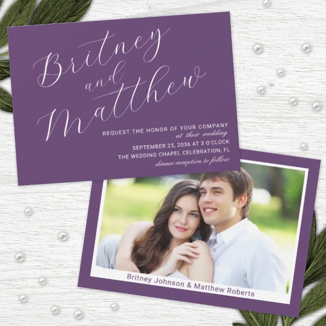 Purple Minimalist Photo Elegant Script Wedding Invitation (Creator Uploaded)