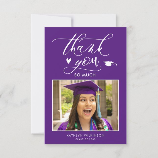 Purple Minimalist Photo Graduation Thank You Card (Front)